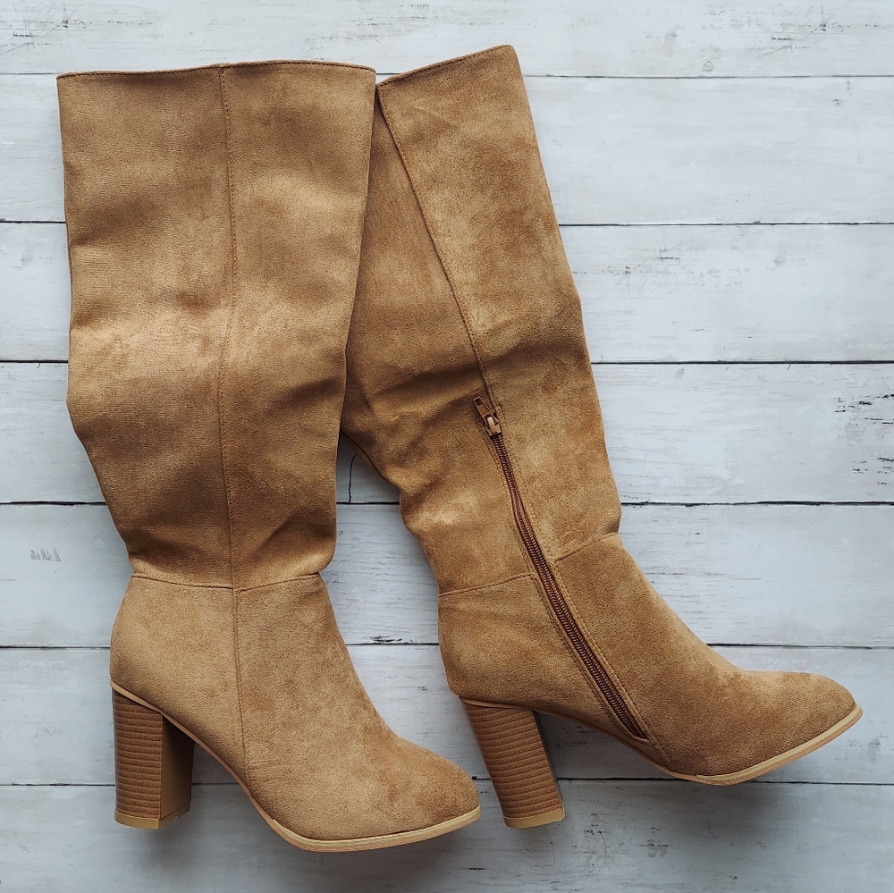 Camel Faux Suede Heeled Boots size 7